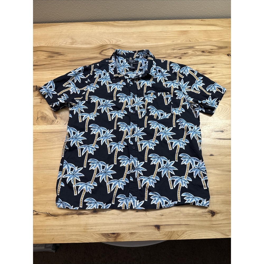 Forever 21 Mens Large Black Palm Tree Print Hawaiian Short Sleeve Shirt